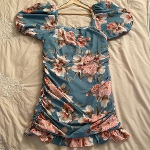 Light Blue Flower Print Dress w Belt
